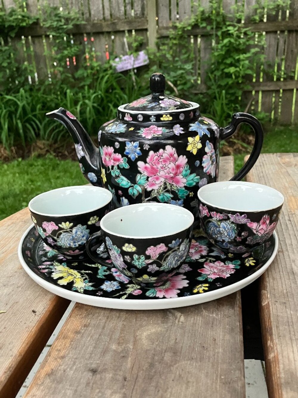 Vintage Jingdezhen Famille Noire Millefleur Tea Set =06=